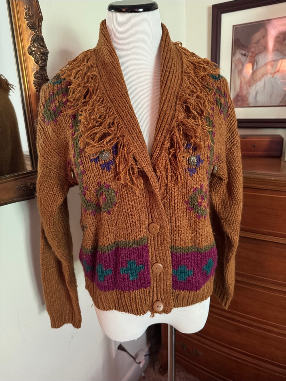 Fringed Chestnut Brown Knit Cardigan with Multicolor Accents